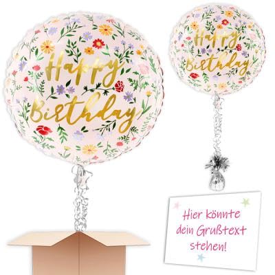 Geburtstagsballon inkl. Heliumfüllung verschenken "Blumen" Ø 35cm Komplett mit Schmuckbändern und Ballongewicht fertig zum verschenken oder versenden an eine andere Lieferadresse von Geburtstagsfee