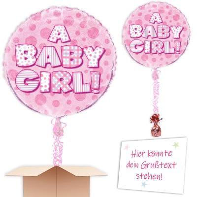Gefüllter Folienballon mit Helium zur Geburt "A Baby Girl" mit Schmuckbändern und Ballongewicht zum verschenken oder versenden an eine andere Lieferadresse - Mit Karte von Geburtstagsfee
