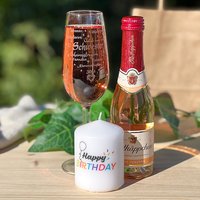 Geschenkset "Schwester": graviertes Sektglas, Rotkäppchen rosè & Kerze von Geburtstagsfee