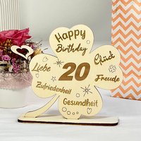Glücks-Kleeblatt  20. Geburtstag, gravierter Holzaufsteller mit lieben Wünschen & Fuß als Deko & Geschenk von Geburtstagsfee