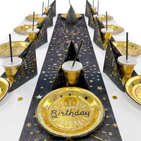 Happy Birthday Tischdeko Set in schwarz-gold, bis 20 Gäste, 106-teilig von Geburtstagsfee