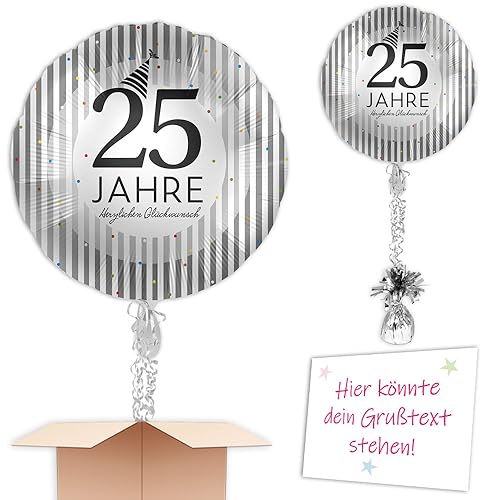 Heliumballon 25. Jubiläum oder Silberhochzeit inkl. Heliumfüllung Schmuckband u. Gewicht Motiv: Rund Silber-Schwarz zum verschenken oder versenden an eine andere Lieferadresse - Mit Karte von Geburtstagsfee