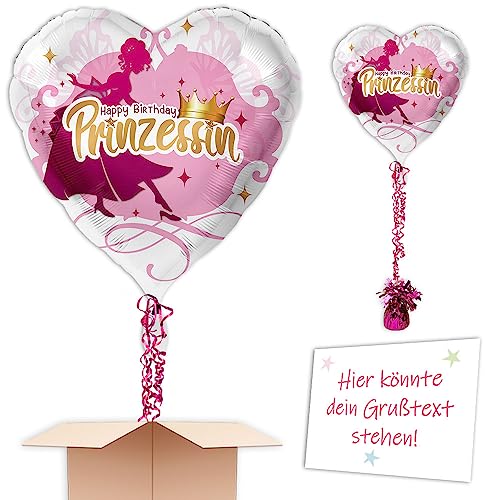 "Herz Prinzessin" Heliumballon mit Heliumfüllung, Schmuckbänder, Ballongewicht, Karte u. Wunschtext als Kindergeburtstag Deko oder mit Wunschöffnungsdatum an Wunschadresse senden von Geburtstagsfee