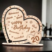 Kunstvoll graviertes Holz-Herz zum 20. Geburtstagmit Geburtstagswünschen u. Standfuß als Geschenk u. Deko von Geburtstagsfee