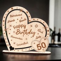 Kunstvoll graviertes Holz-Herz zum 50. Geburtstagmit Geburtstagswünschen u. Standfuß als Geschenk u. Deko von Geburtstagsfee