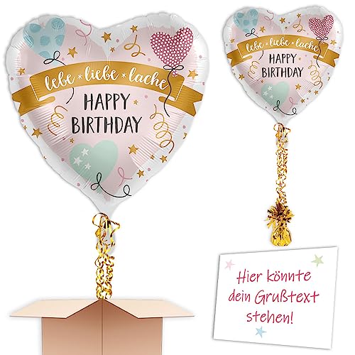 "Liebe-Lache-Lebe" Heliumballon inkl. Heliumfüllung, Schmuckbänder, Gewicht und Karte mit Wunschtext als Geschenk oder an Wuschadresse senden von Geburtstagsfee