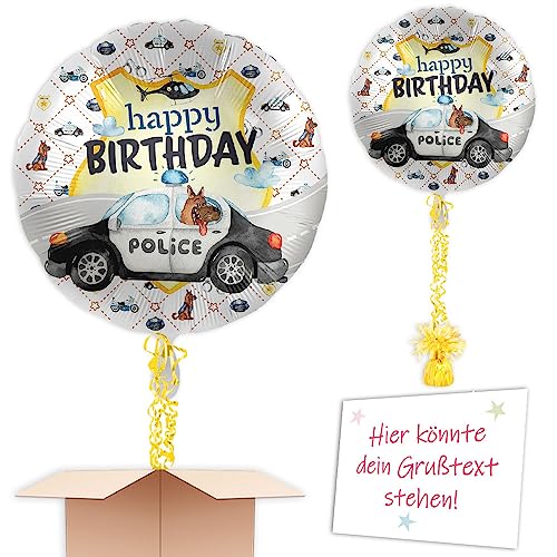 "Polizei" Heliumballon mit Heliumfüllung, Schmuckbänder, Ballongewicht, Karte u. Wunschtext als Kindergeburtstag Deko mit Wunschöffnungsdatum an Wunschadresse senden von Geburtstagsfee