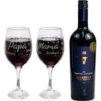 Rotwein Geschenkset "Mama & Papa" mit gravierten Weingläsern von Geburtstagsfee