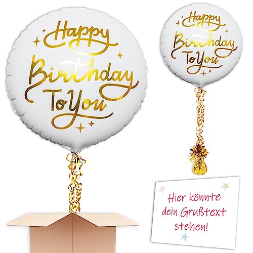 "Rund-Weiß-Gold" Heliumballon inkl. Heliumfüllung, Schmuckbänder, Gewicht und Karte mit Wunschtext als Geschenk oder an Wuschadresse senden von Geburtstagsfee
