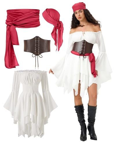 Geehora Piratenkostüm für Damen, schulterfrei, Rüschenärmel, Kleid mit Kopftuch und Taillenschärpe, Halloween, Piratenparty, Festival, Outfit (klein) von Geehora