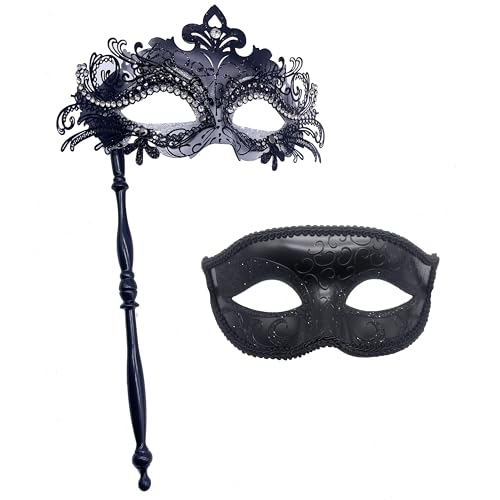 Geek-M Paar-Maske mit Stab, für Damen und Herren, Karnevalsmaske, Kostümmasken für venezianische Party, Weihnachten, Festival, Schwarz und Silber von Geek-M