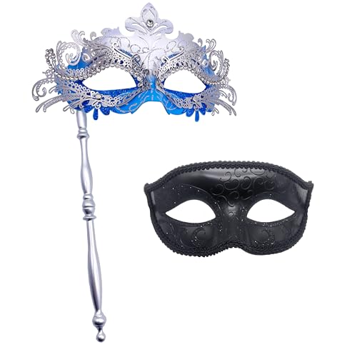 Geek-M Paar-Maskenmaske mit Stab, für Damen und Herren, Karnevalsmaske, Kostümmasken für venezianische Party, Weihnachten, Festival (Silber und Blau) von Geek-M