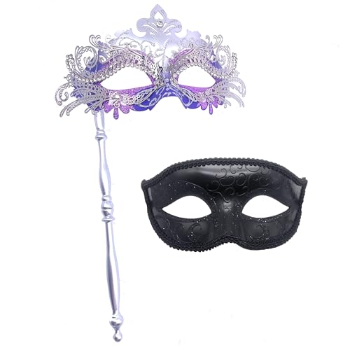 Geek-M Paar-Maskenmaske mit Stab, für Damen und Herren, Karnevalsmaske, Kostümmasken für venezianische Party, Weihnachten, Festival (Silber und Violett) von Geek-M