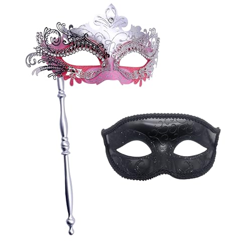 Geek-M Paar Maskerade Maske mit Stab Damen Herren Karneval Maske Kostüm Masken für venezianische Party Weihnachten Festival (Rosa) von Geek-M