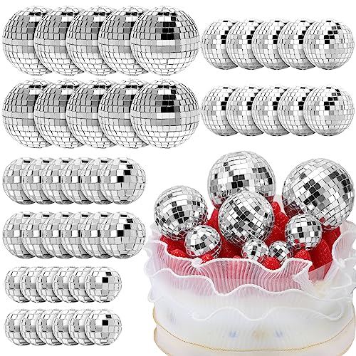 Geetery 70 Stück Discokugel-Kuchenaufsatz, verschiedene Größen, Discokugel, Kuchendekorationen, reflektierender Spiegel, Discokugel, Dekoration, silberfarbene Discokugel, Tafelaufsatz, Disco-Cupcake-Topper für 70er-Jahre-Geburtstag, Party, Hochzeit von Geetery