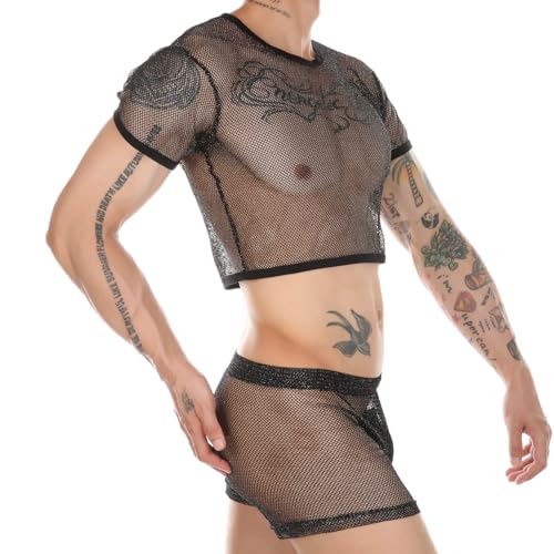 Gefomuofe Herren Mesh Anzug klassisches Gentleman Cosplay Outfit Männer Stripperkostüm Set Erotik Durchsichtige Unterwäsche Clubwear von Gefomuofe