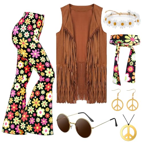 Gegvdfe Hippie-Kostüm für Damen, Peace-Zeichen-Ohrringe, 70er-Jahre-Zubehör, Cowgirl-Weste, Hippie-Blumen-Stirnband, Disco-Stirnband, Bootcut-Leggings, 7-teiliges Set Gegvdfe Hippie-Kostüm für Damen, Peace-Zeichen-Ohrringe, 70er-Jahre-Zubehör, Cowgirl-Weste, Hippie-Blumen-Stirnband, Disco-Stirnband, Bootcut-Leggings, 7-teiliges Set von Gegvdfe