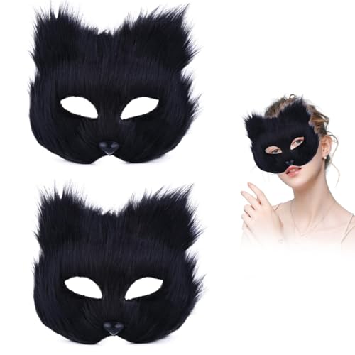 Gehanico Fuchsmaske, Plüschmaske, Ork-Maske, Bühnenaufführung, Cosplay-Maske, Katzenmaske und Therianschwanz, Set, pelziger Fuchs, Maske für Cosplay, Kostüm, Party-Zubehör, Schwarz (2 Stück) von Gehanico