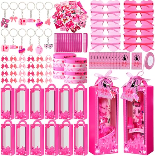 Geiserailie 147 Stück Hot Pink Mädchen Prinzessin Partygeschenke inklusive Geschenkbox Hot Pink Sonnenbrille Silikon Armband Schlüsselanhänger Schleife Haarband Kamm Karte Aufkleber Band für von Geiserailie