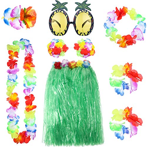 8 Stück Hawaiian Gras Hula Rock Kostüm Set Mädchen Halskette Leis Girlande Armbänder Bikini Top für Frauen Kleid Performance Geburtstag Tropische Luau Party Dekoration (Grün) von Gejoy