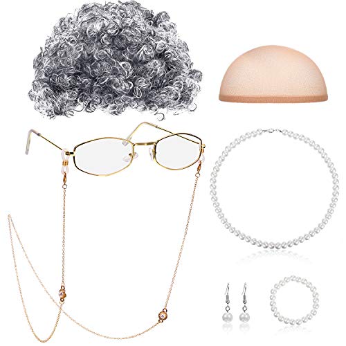 Alte Dame Cosplay Set Großmutter Perücke Kappe Brille Kette Schnüre Faux Perle Perlenkette (Grau Afro Perücke) von Gejoy