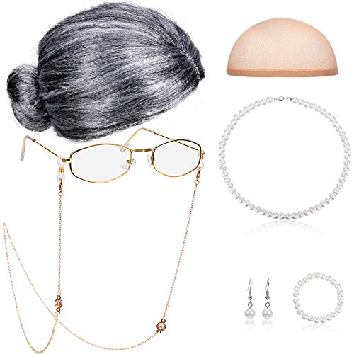 Alte Dame Cosplay Set Großmutter Perücke Kappe Brille Kette Schnüre Faux Perle Perlenkette (Grau Brötchen Perücke) von Gejoy