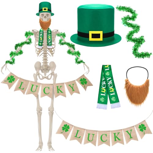 Gejoy 5 Stück 3,6 m Skelett-Kostüm-Zubehör, inklusive St. Patrick's Day-Hut, brauner Bart Kleeblatt, irische Flagge, Schal und Glücksflagge für Outdoor-Dekoration, festliches Partyzubehör Gejoy 5 Stück 3,6 m Skelett-Kostüm-Zubehör, inklusive St. Patrick's Day-Hut, brauner Bart Kleeblatt, irische Flagge, Schal und Glücksflagge für Outdoor-Dekoration, festliches Partyzubehör von Gejoy
