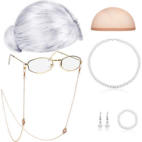 Gejoy Alte Dame Cosplay Set Großmutter Perücke Kappe Brille Kette Schnüre Faux Perle Perlenkette (Silber Weiß Brötchen Perücke) von Gejoy