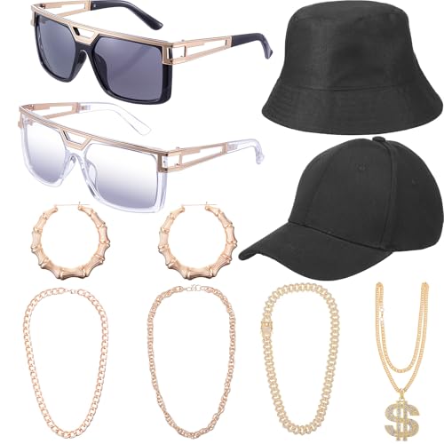 Gejoy Hip-Hop-Kostüm, Outfit für Damen und Herren, 9-teilig, Sonnenbrille, künstliche Goldkette, Dollarzeichen, Halskette, Ohrringe, Hut, Rapper, Schmuck, Paarzubehör Gejoy Hip-Hop-Kostüm, Outfit für Damen und Herren, 9-teilig, Sonnenbrille, künstliche Goldkette, Dollarzeichen, Halskette, Ohrringe, Hut, Rapper, Schmuck, Paarzubehör von Gejoy
