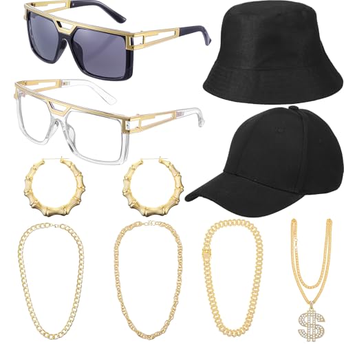 Gejoy Hip-Hop-Kostüm, Outfit für Damen und Herren, 9-teilig, Sonnenbrille, künstliche Goldkette, Dollarzeichen, Halskette, Ohrringe, Hut, Rapper, Schmuck, Paarzubehör von Gejoy