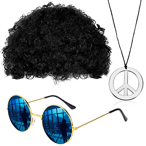 Gejoy Hippie Kostüm Set Mode Afro Perücke Sonnenbrille Frieden Zeichen Halskette für 50/ 60/ 70s Thema Party (Schwarz) von Gejoy
