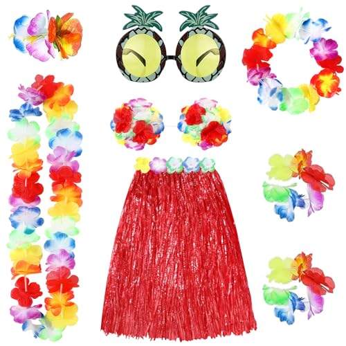 Hula-Rock, Hawaii-Gras, Kostüm-Set, Sonnenbrille, Halskette, Girlande, Armband, Bikini-Oberteil für Damen, Weihnachts-Luau-Party-Dekoration, Rot, 8-teilig Hula-Rock, Hawaii-Gras, Kostüm-Set, Sonnenbrille, Halskette, Girlande, Armband, Bikini-Oberteil für Damen, Weihnachts-Luau-Party-Dekoration, Rot, 8-teilig von Gejoy