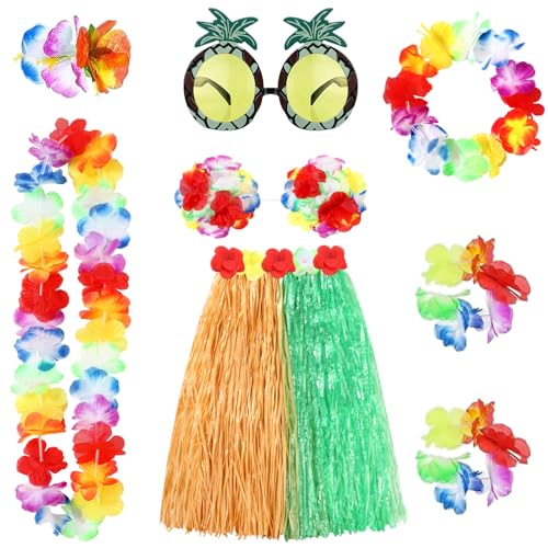 Hula-Rock, Hawaii-Gras, Kostüm-Set, Sonnenbrille, Halskette, Girlande, Armband, Bikini-Oberteil für Damen, Weihnachts-Luau-Party-Dekoration (grün, gelb), 8-teilig von Gejoy