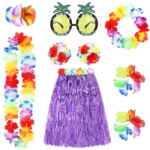 Hula-Rock, Hawaii-Gras, Kostüm-Set, Sonnenbrille, Halskette, Girlande, Armband, Bikini-Oberteil für Damen, Weihnachts-Luau-Party-Dekoration (lila) von Gejoy
