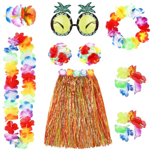 Hula-Rock, Hawaii-Gras, Kostüm-Set, Sonnenbrille, Halskette, Girlande, Armband, Bikini-Oberteil für Damen, Weihnachtsdekoration, Luau-Party-Dekoration, Orange, 8-teilig Hula-Rock, Hawaii-Gras, Kostüm-Set, Sonnenbrille, Halskette, Girlande, Armband, Bikini-Oberteil für Damen, Weihnachtsdekoration, Luau-Party-Dekoration, Orange, 8-teilig von Gejoy