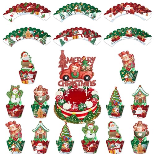 25-teiliges Weihnachts-Kuchendekorationsset – 12 Cupcake-Förmchen, 1 großes Mittelstück-Plektrum, 12 kleine Cupcake-Topper (Weihnachtsmann, Schneemann, Rentier, Lebkuchen, Baum) für Weihnachtsfeier von Geluode