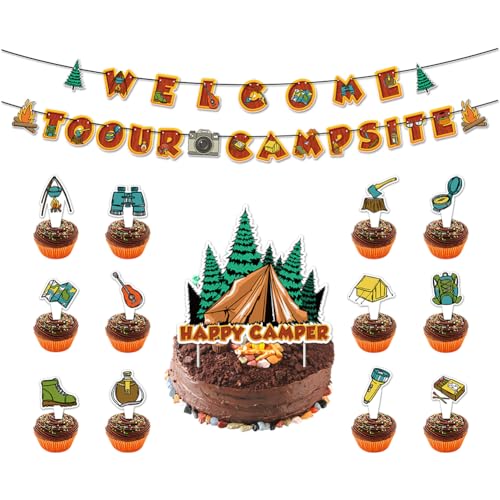 Camping Party Dekoration Set Welcome To Our Campsite Banner Wimpelkette Happy Camper Kuchen Cupcake Topper Camper Zelt Girlande für Yard Camp Out Camping Geburtstag Wildnis Abenteuer Party Dekor Camping Party Dekoration Set Welcome To Our Campsite Banner Wimpelkette Happy Camper Kuchen Cupcake Topper Camper Zelt Girlande für Yard Camp Out Camping Geburtstag Wildnis Abenteuer Party Dekor von Geluode
