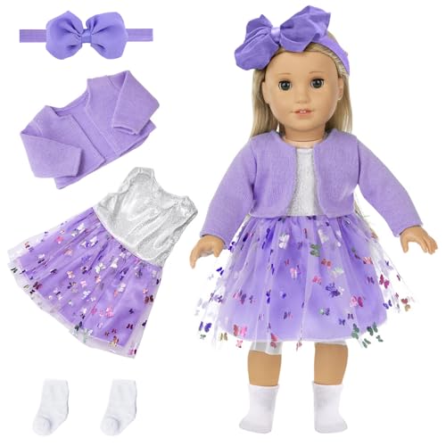 Gemtte Puppenkleidung für Baby Puppen, Baby Kleidung 36cm-43cm, New Baby Puppenkleidung, 4 Stück mit Mantel Socke, Schleife Gazerock Schmetterlingsschleife Stirnband, Geschenke für Mädchen (Violett) von Gemtte