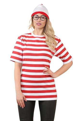Generation-Plus+® Herren Damen rot weiß gestreiftes T-Shirt Hut Brille Set – Uni 3-teiliges Buchwochenkostüm Outfit klein von Generation-Plus+