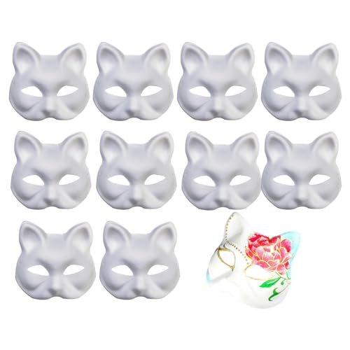 10-teiliges weißes Katzen-Masken-Set – Katzen-Maskerade-Maske, langlebige DIY-Katzenkostüm-Maske | Weißes Katzenmasken-Bastelset mit hochwertigem Material, unbemalte Katzenmaske für Halloween, Karneva von Generic