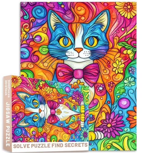1000 Stück Alkoholtinte Katze Puzzle Psychedelische Wirbel Fliege Lebendige Muster Malbuch Kunst 68,6 x 50,8 cm von Generic