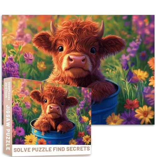 1000 Stück Baby-Hochlandkuh im blauen Eimer, Gartenszene, 68,6 x 50,8 cm, bunt, DIY-Puzzle, Heimdekoration, Geschenke, Familienpuzzle, perfekt für Spieleabende 1000 Stück Baby-Hochlandkuh im blauen Eimer, Gartenszene, 68,6 x 50,8 cm, bunt, DIY-Puzzle, Heimdekoration, Geschenke, Familienpuzzle, perfekt für Spieleabende von Generic