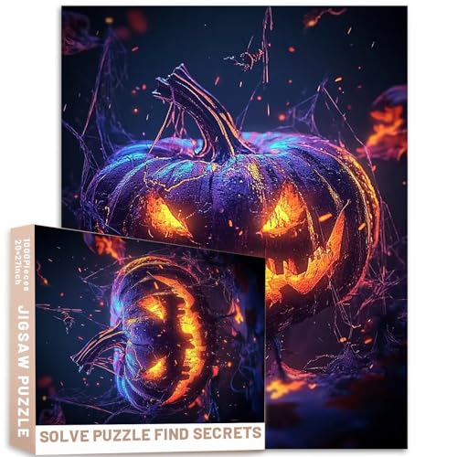 1000 Stück leuchtende Kürbis-Puzzle, 68,6 x 50,8 cm, Fantasie, Halloween, Kunst, anspruchsvolle Familienaktivitäten, Spiele, bunt, Bastelpuzzle für Heimdekoration, Geschenke von Generic
