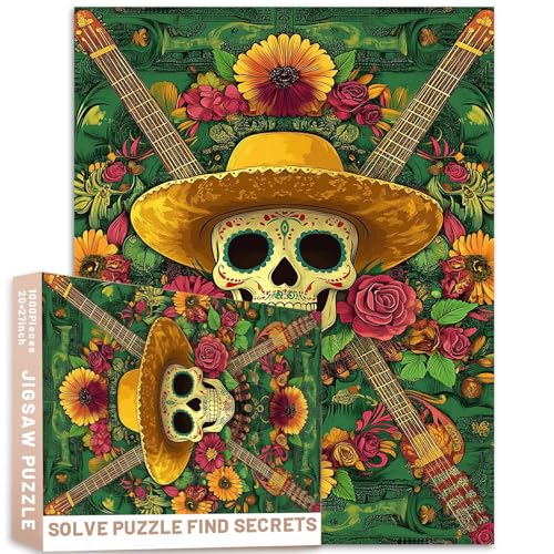 1000 Stück symmetrische mexikanische Gitarre, Totenkopf-Puzzle, Sombrero, Blumen, Bordüre, Zuckerschädel, Mitte, grüne Palette, bunte DIY-Puzzles für Heimdekoration, Geschenke, Familienpuzzle, perfekt 1000 Stück symmetrische mexikanische Gitarre, Totenkopf-Puzzle, Sombrero, Blumen, Bordüre, Zuckerschädel, Mitte, grüne Palette, bunte DIY-Puzzles für Heimdekoration, Geschenke, Familienpuzzle, perfekt von Generic