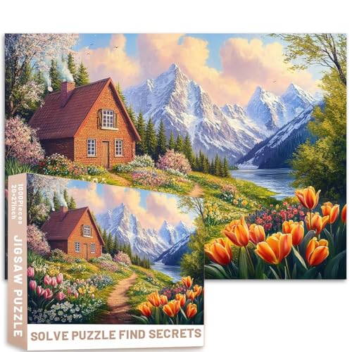 1000 Teile Bergziegelhaus-Puzzle, Tulpe, Garten, verschneite Gipfel, Landschaft, 50 x 70 cm, bunt, detaillierter Malstil, bunt, DIY-Puzzles für Heimdekoration, Geschenke, Familienpuzzle, perfekt für 1000 Teile Bergziegelhaus-Puzzle, Tulpe, Garten, verschneite Gipfel, Landschaft, 50 x 70 cm, bunt, detaillierter Malstil, bunt, DIY-Puzzles für Heimdekoration, Geschenke, Familienpuzzle, perfekt für von Generic