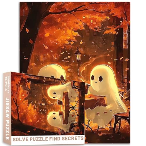 1000 Teile Geister, Kaffee, Herbst-Park-Szene, Puzzle, 68,6 x 50,8 cm, gemütliches Halloween-Cartoon-Illustration, Erwachsenen-Puzzle, bunt, DIY-Puzzles für Heimdekoration, Geschenke, Familienpuzzle 1000 Teile Geister, Kaffee, Herbst-Park-Szene, Puzzle, 68,6 x 50,8 cm, gemütliches Halloween-Cartoon-Illustration, Erwachsenen-Puzzle, bunt, DIY-Puzzles für Heimdekoration, Geschenke, Familienpuzzle von Generic