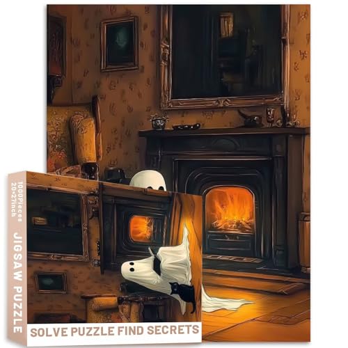 1000 Teile Geister Lesekamin Puzzle 68,6 x 50,8 cm Vintage Halloween Kunst anspruchsvolle Familienaktivitätsspiele bunt DIY Handwerk Puzzle für Heimdekoration Geschenke von Generic