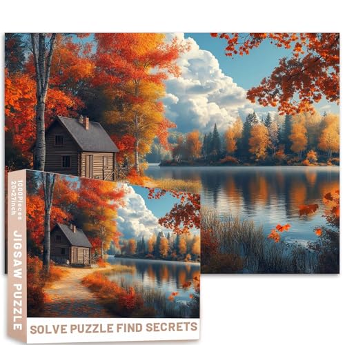 1000 Teile Herbsthütte am See Laub Waldweg 68 x 50 cm Naturszene bunte DIY-Puzzles für Heimdekoration, Geschenke, Familienpuzzle, perfekt für Spielabende von Generic