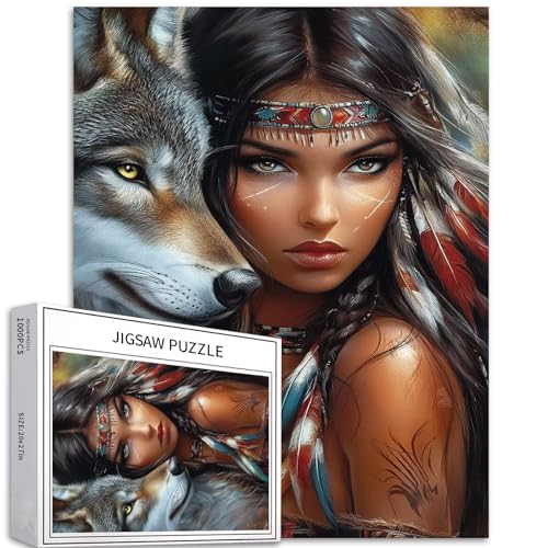 1000 Teile Indianer-Mädchen und Wolf-Puzzles für Erwachsene, bunte DIY-Puzzles für Heimdekoration, Geschenke, Familienpuzzle, perfekt für Spieleabende, 68 x 50 cm 1000 Teile Indianer-Mädchen und Wolf-Puzzles für Erwachsene, bunte DIY-Puzzles für Heimdekoration, Geschenke, Familienpuzzle, perfekt für Spieleabende, 68 x 50 cm von Generic