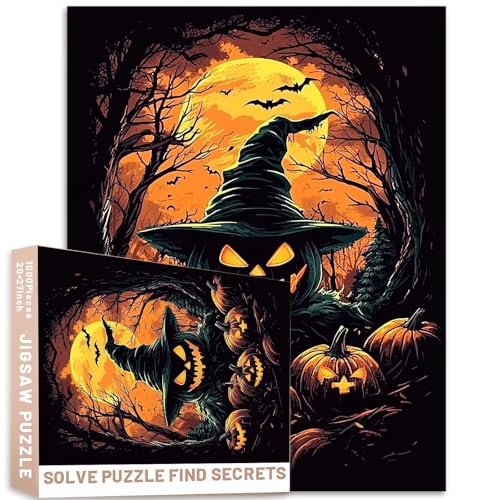 1000 Teile Kürbis Hexenwald Puzzle 68,6 x 50,8 cm Halloween Kunst anspruchsvolle Familienaktivitätsspiele buntes DIY Handwerk Puzzle für Heimdekoration Geschenke von Generic